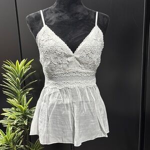 Rebellion Lace crochet,shirred back, V-neck spaghetti strap, peplum waist